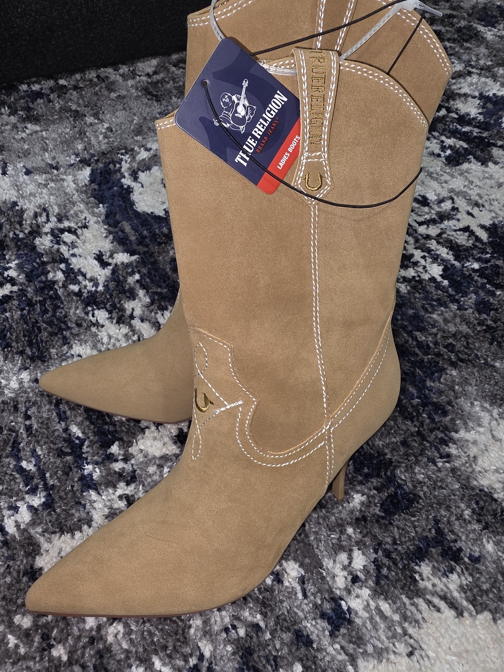 True Religion Tan Suede Pointed Toe Western Heeled Boots